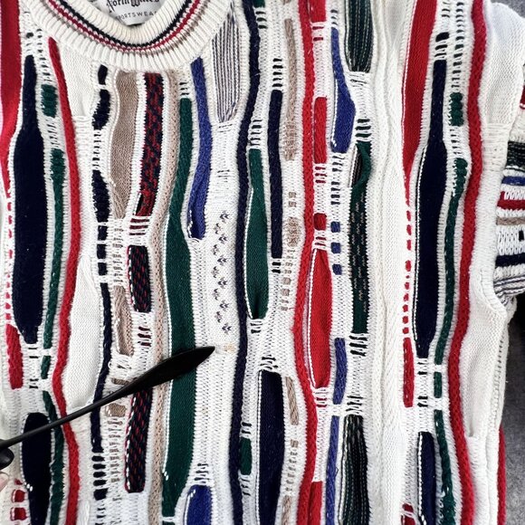 VTG North Wales 3D Textured Coogi Like Crew Neck Sweater L White Colorful Knit - Picture 6 of 12